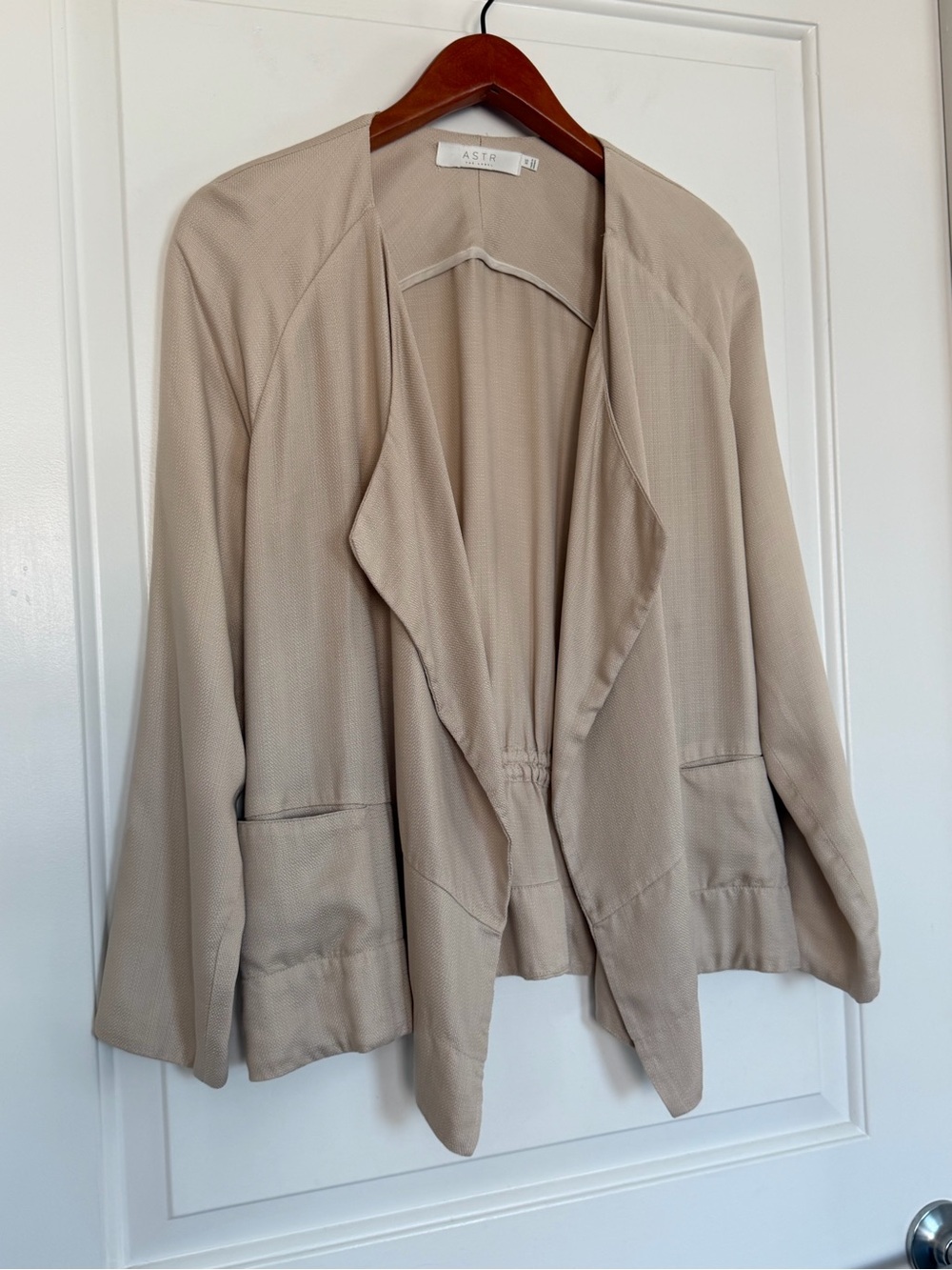 ASTR The Label Beige Open Front Waterfall Draped Woven Cardigan Blazer Oversized